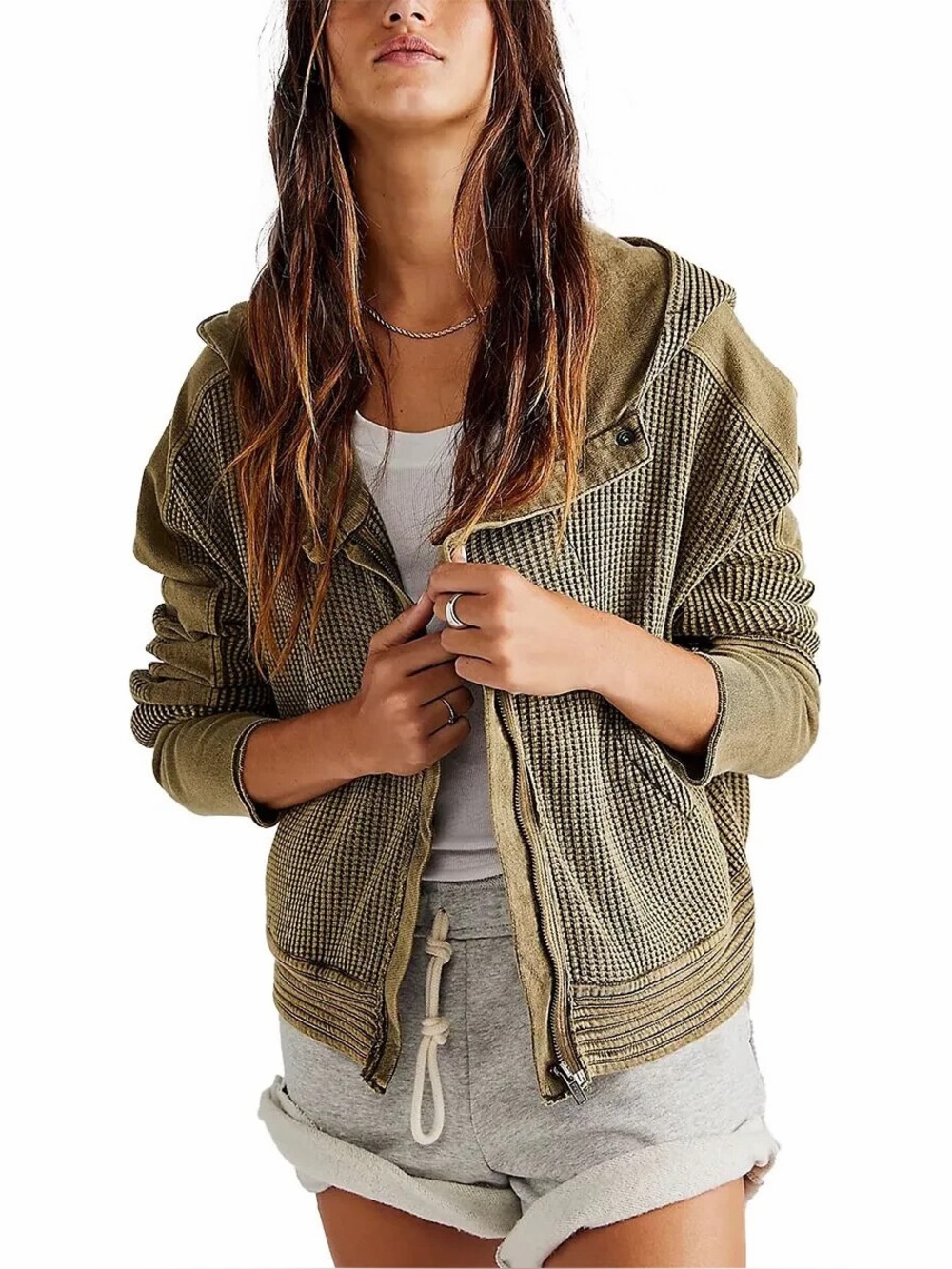FP One Free People Mason Waffle‎ Knit Thermal Green Zip-Up Hoodie